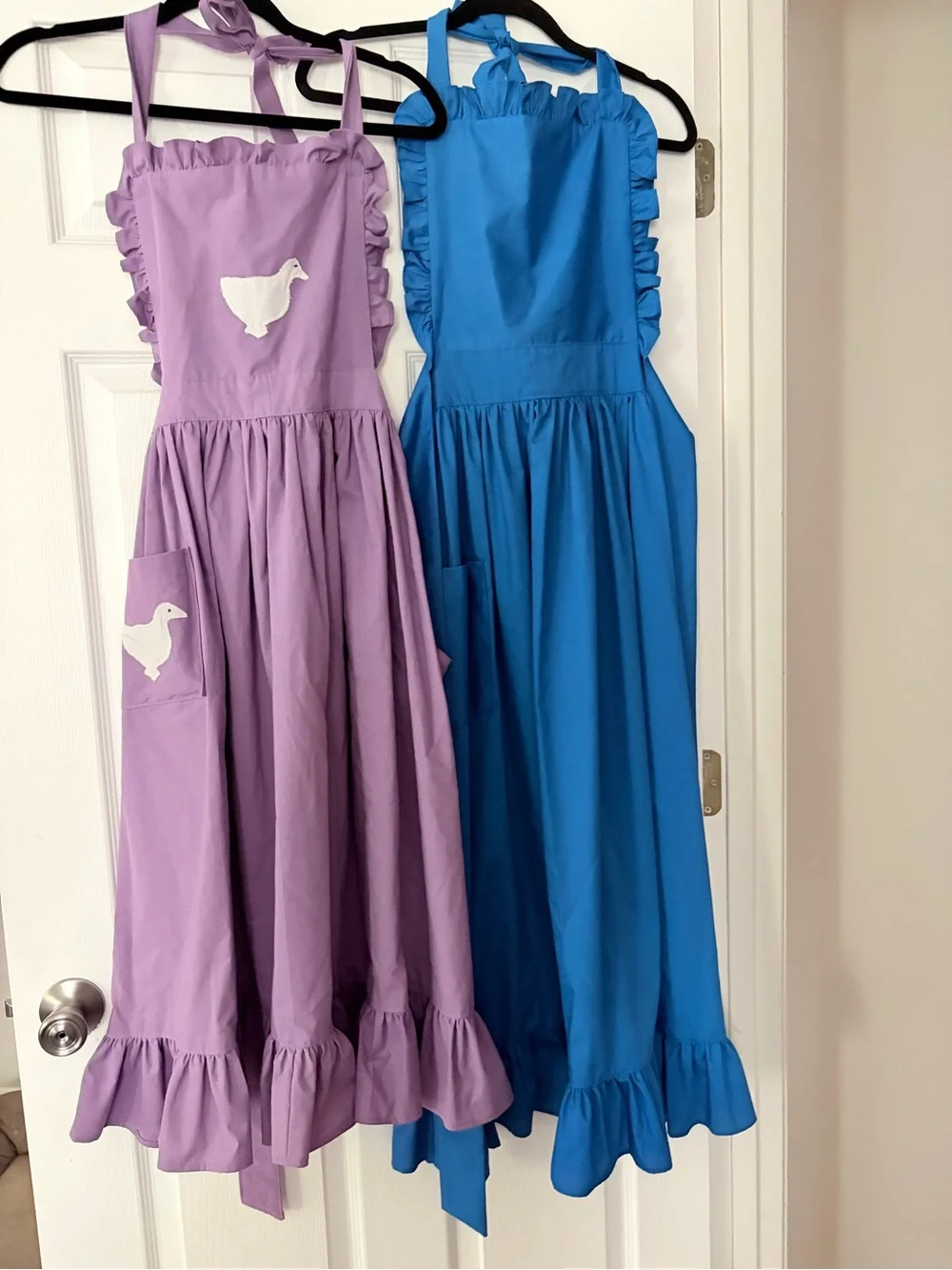 Women’s vintage Handmade Ruffled Apron with Duck Patch - Purple and Blue
